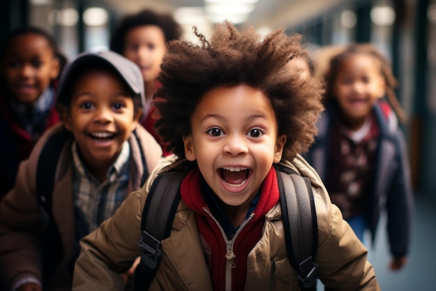 grupo de niños afroamericanos de la escuela en un pasillo que avanza