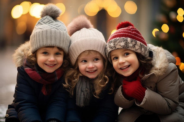 Un grupo de niños ansiosos, con los ojos abiertos de emoción, se reúnen alrededor de un árbol de Navidad brillante