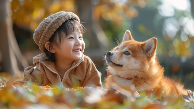 Un grupo de niños asiáticos entrenan a los perros Shiba Inu en el jardín Un niño asiático juega con el perro Shiba Inu que se ha unido a un picnic en el jardin