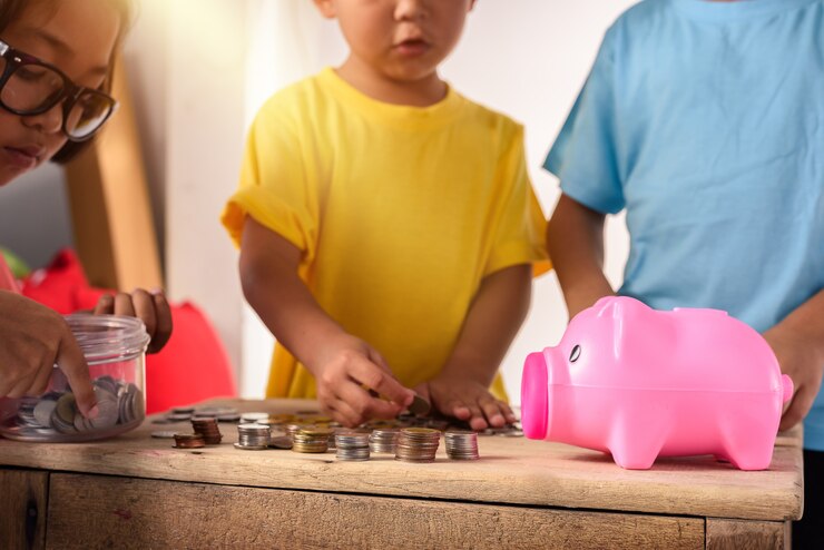 El grupo de niños asiáticos está ayudando a poner monedas en la hucha en el fondo blanco