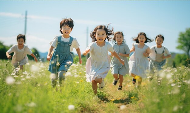 Grupo de niños asiáticos felices corriendo en el campo verde de verano con fondo de cielo azul