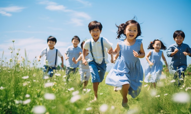 Grupo de niños asiáticos felices corriendo en el campo verde de verano con fondo de cielo azul