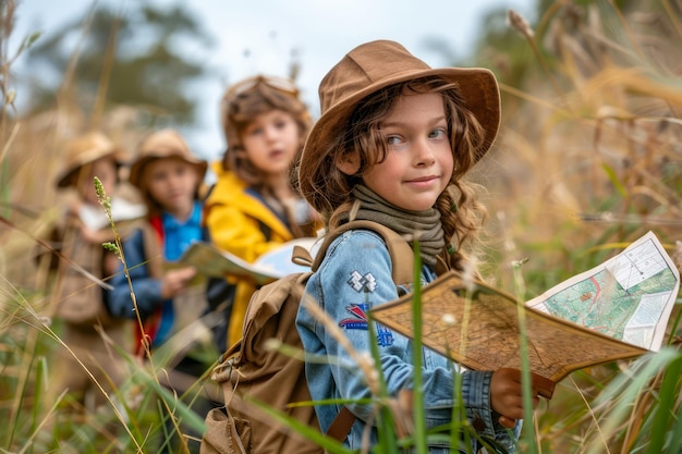 Grupo de niños en aventura en la naturaleza con mapas y mochilas Niños explorando el bosque