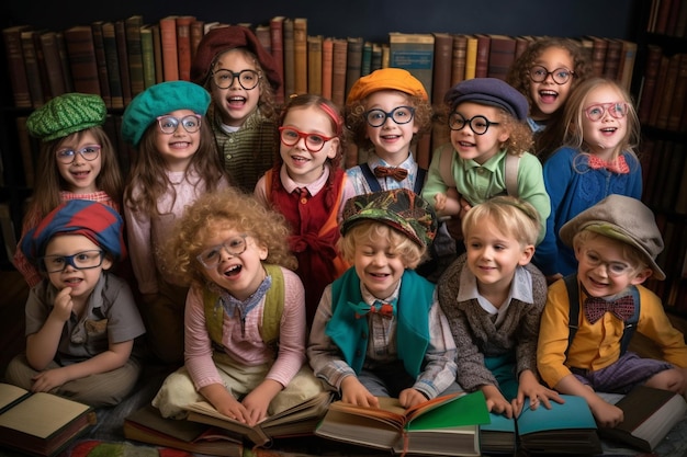 Un grupo de niños en una biblioteca con libros y sombreros.