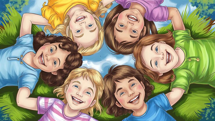 un grupo de niños con cabello largo y una camisa azul con una foto de ellos con la palabra cita en él
