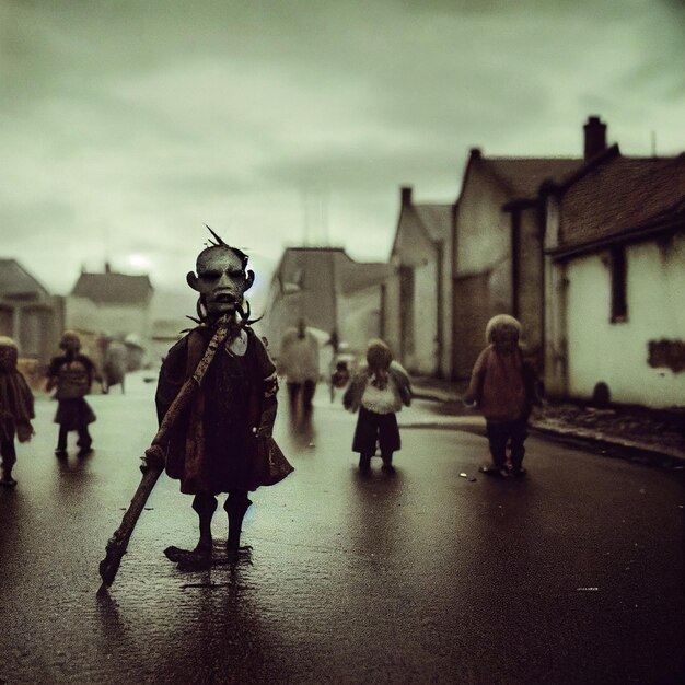 Foto un grupo de niños camina por la calle con una máscara antigás.