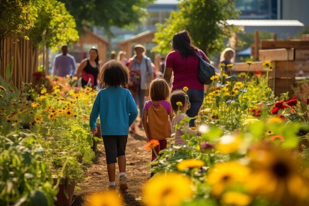 Grupo de niños caminando en el jardín con su madre y abuela generados por Ai