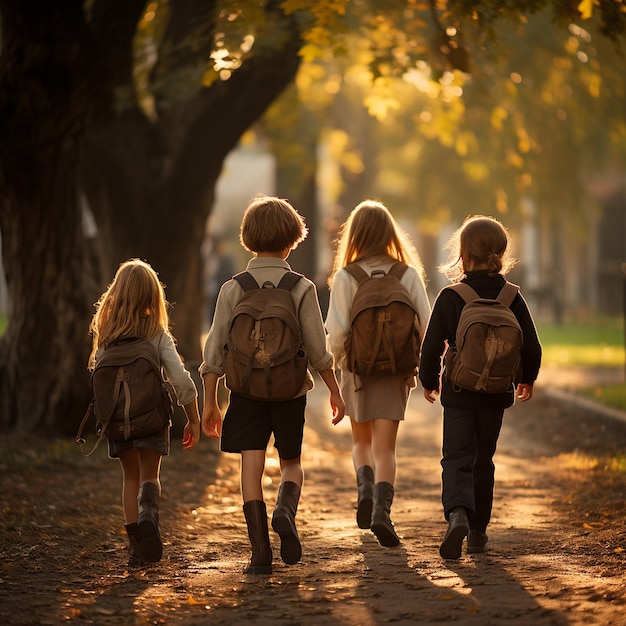 grupo de niños caminando con mochila shappyout puerta escena