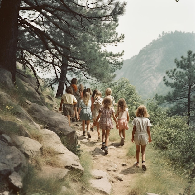 Un grupo de niños caminando por un sendero en la montaña.