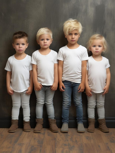 un grupo de niños con camisetas blancas que dicen "el niño pequeño"