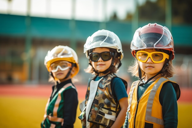 Grupo de niños con cascos de seguridad en el patio de recreo Concepto de seguridad