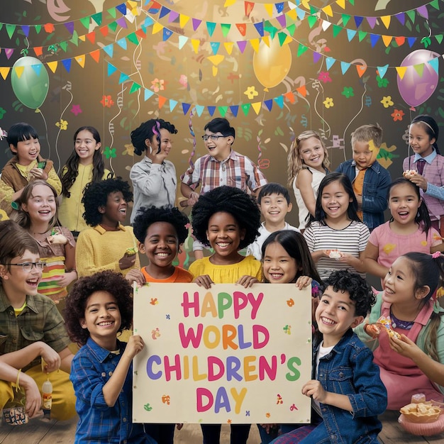 Foto un grupo de niños celebran el feliz día mundial de la infancia