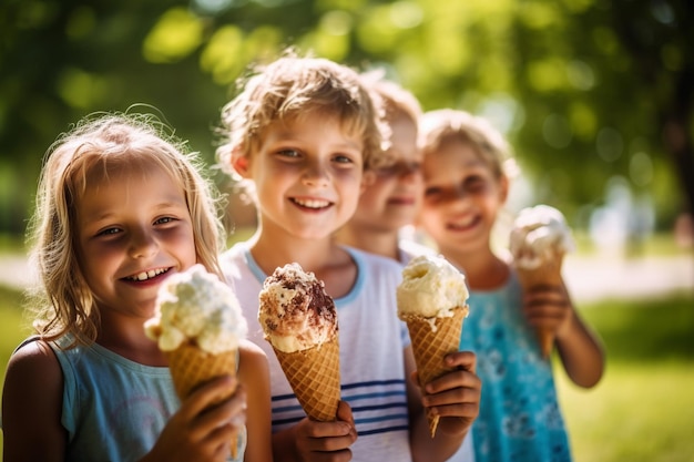 Un grupo de niños compartiendo un gran cono de helado y sonriendo el Día del Niño