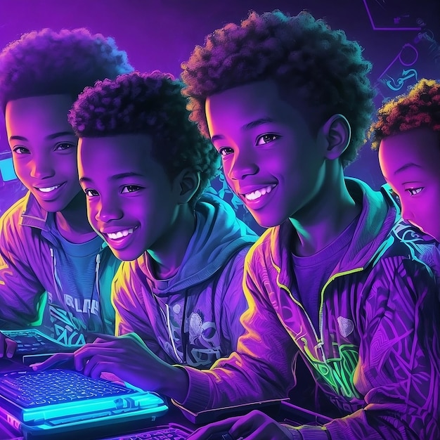 un grupo de niños con una computadora portátil con fondo de luz negra
