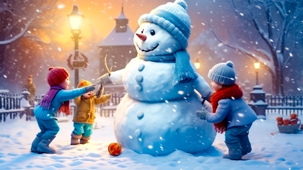 Grupo de niños construyendo un muñeco de nieve con un muñequito de nieve en el fondo IA generativa