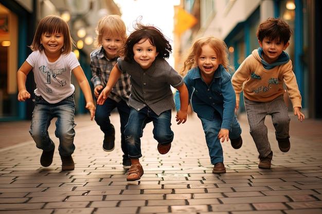 Un grupo de niños corriendo por una acera