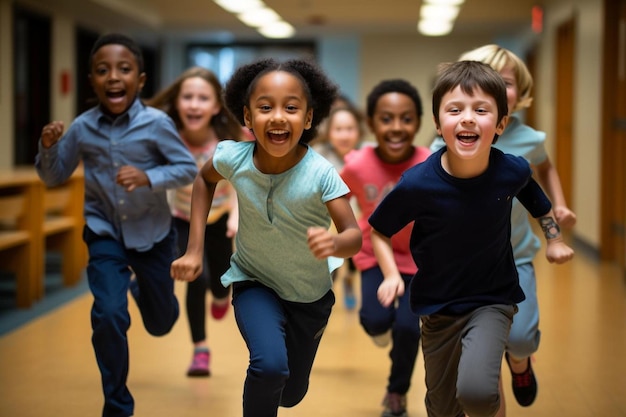 Un grupo de niños corriendo en un aula con una niña con una camisa azul y pantalones negros.