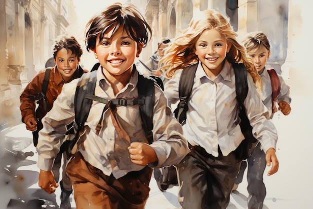 Un grupo de niños corriendo por la calle a la escuela con mochilas.