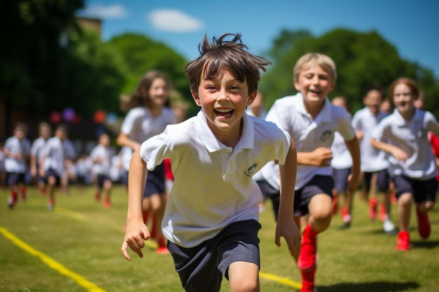 Un grupo de niños corriendo en un campo con la palabra "al frente".