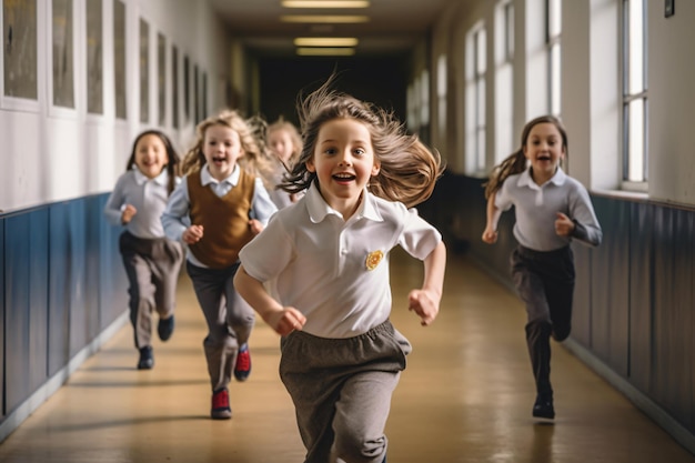 Un grupo de niños corriendo por un pasillo con la cabeza hacia abajo