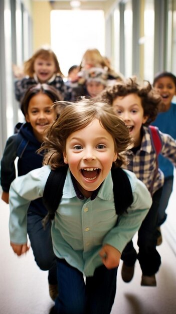 un grupo de niños corriendo por un pasillo