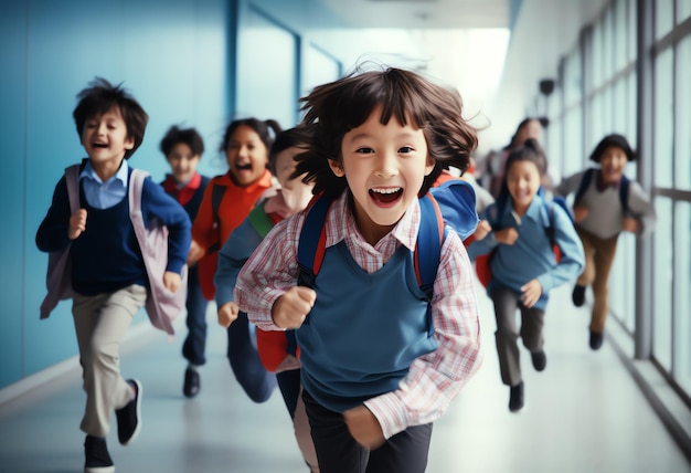 Un grupo de niños corriendo en un pasillo