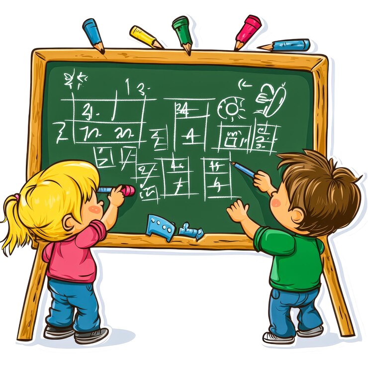 Un grupo de niños dibujando en la pizarra del aula