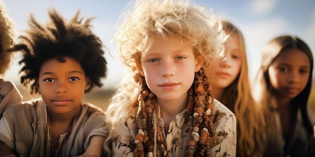 Foto grupo de niños con diferentes colores de piel y cabello concepto de diversidad racial y étnica