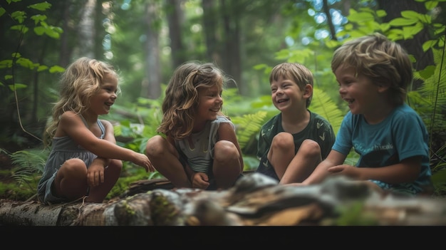 Un grupo de niños de diferentes edades se sientan juntos en un gran tronco en lo profundo del bosque rodeado de tr