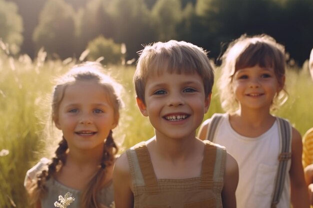 un grupo de niños de diferentes nacionalidades corren sobre la hierba con el telón de fondo de un parque y vegetación generativa ai