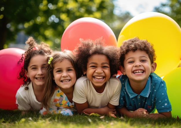 Un grupo de niños de diferentes orígenes étnicos jugando juntos en un parque rodeado de