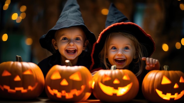 Grupo de niños disfrazados de brujas para Halloween con linterna de calabaza en casa