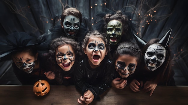 Un grupo de niños disfrazados de disfraces de halloween ai generativo.