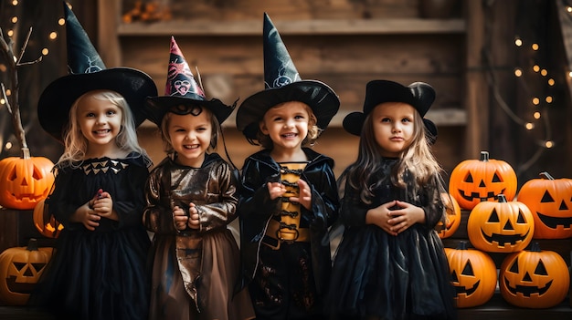 Un grupo de niños disfrazados de disfraces de halloween ai generativo.