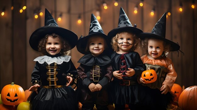 Un grupo de niños disfrazados de disfraces de halloween ai generativo.