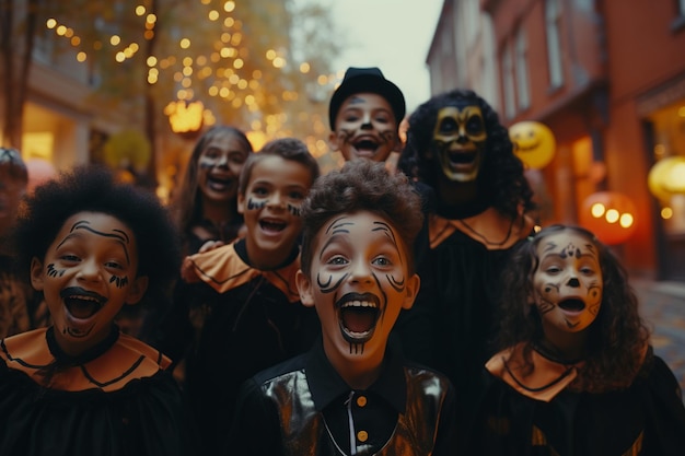 Un grupo de niños disfrazados disfrutando del truco o trato de Halloween y un fondo urbano