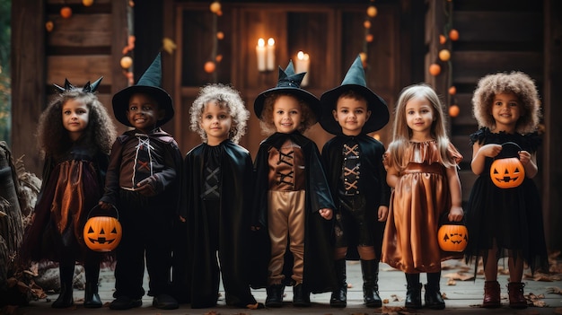 Grupo de niños disfrazados para la fiesta de Halloween en el fondo de la casa de madera