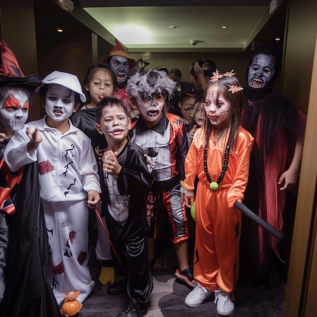 Un grupo de niños disfrazados de Halloween