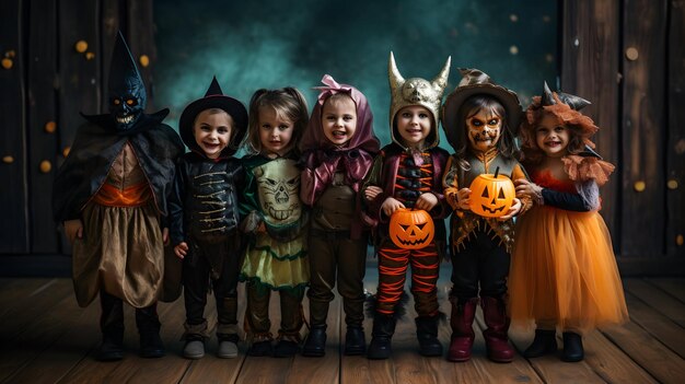 Un grupo de niños disfrazados de Halloween.