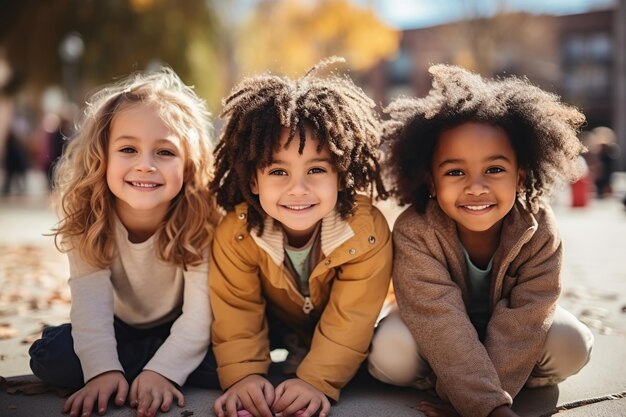 Un grupo de niños de la diversidad están sentados en la hierba y sonriendo