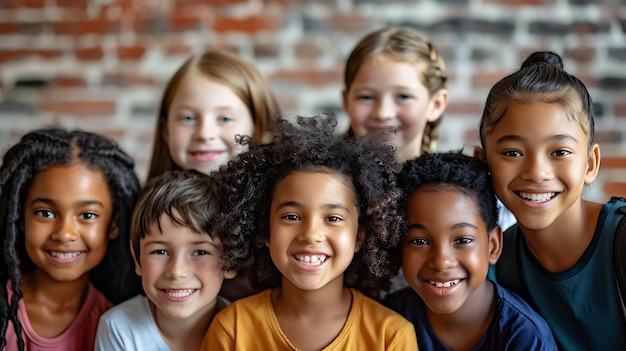 Un grupo de niños diversos de diferentes edades y etnias están sonriendo y mirando a la cámara están de pie frente a una pared de ladrillo