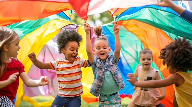 Foto un grupo de niños diversos están jugando con un paracaídas de colores en un parque todos están sonriendo y divirtiéndose