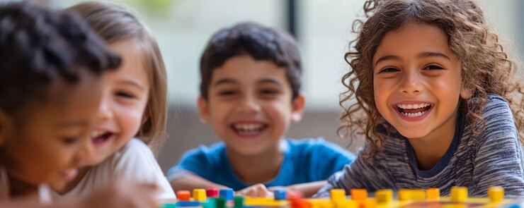 Grupo de niños diversos riendo y divirtiéndose mientras juegan con bloques de construcción coloridos