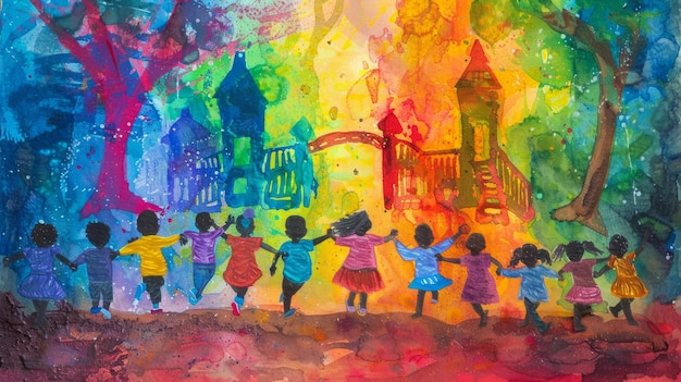 Un grupo de niños diversos tomados de la mano y caminando hacia un patio de recreo colorido en un arco iris