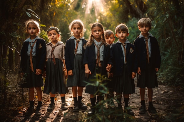 Un grupo de niños se encuentra en un bosque vistiendo uniformes escolares.