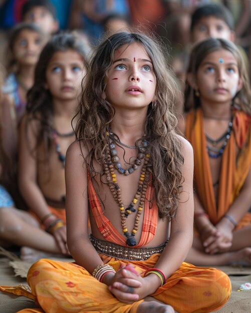 Foto un grupo de niños escuchando con entusiasmo cuentos