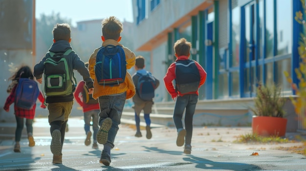 Grupo de niños de la escuela primaria corriendo en la vista trasera de la escuela