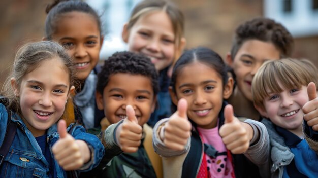 Foto grupo de niños de la escuela con los pulgares hacia arriba