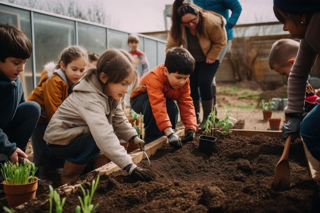 Un grupo de niños está plantando en un jardín Imagen generativa de IA