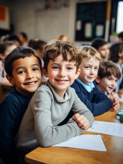 Un grupo de niños está sentado en un salón de clases, uno de ellos sonríe y el otro sonríe.